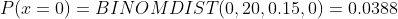 P(x=0)=BINOMDIST(0,20,0.15,0)=0.0388