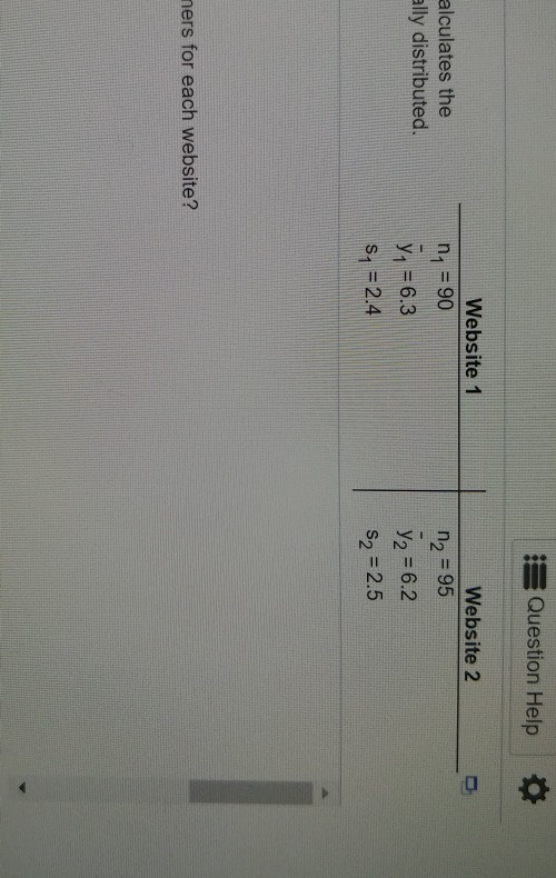 Question Help Website 1 Website 2 alculates the ally distributed n = 90 Y1 = 6.3 S, = 2.4 n2 = 95 Y2 = 6.2 S2 = 2.5 ners for