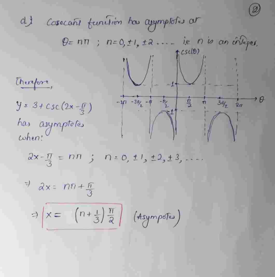 d) Cosecant function how asymptotes at O= nu ; n = 0, #1, #2 ... ie n is an onleper, I csclo) Therefore, Y: 3+ Csc (2x - 5) h