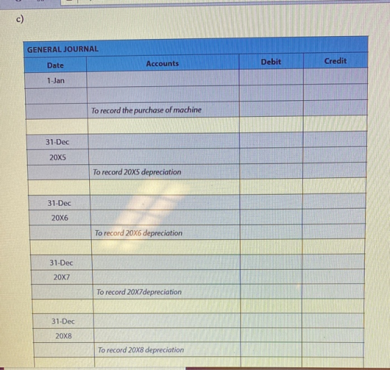 GENERAL JOURNAL Date Accounts Debit Credit 1-Jan To record the purchase of machine 31-Dec 20x5 To record 20x5 depreciation 31