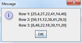 Message Row 1: [25,4,27,22,41,14,46] Row 2: [50,11,12,30,41,29,5] Row 3: [8,46,22,18,30,11,20] OK