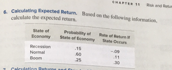 CHAPTER 11 Risk and Retur 6. Calculating Expecte bleulating Expected Return. Based on the following information, calculate th