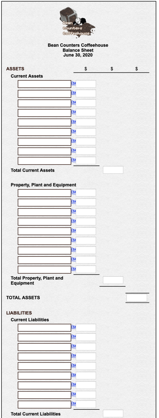 Bean Counters Coffeehouse Bean Counters Coffeehouse Balance Sheet June 30, 2020 ASSETS $ $ $ Current Assets (se ISE (se (st (
