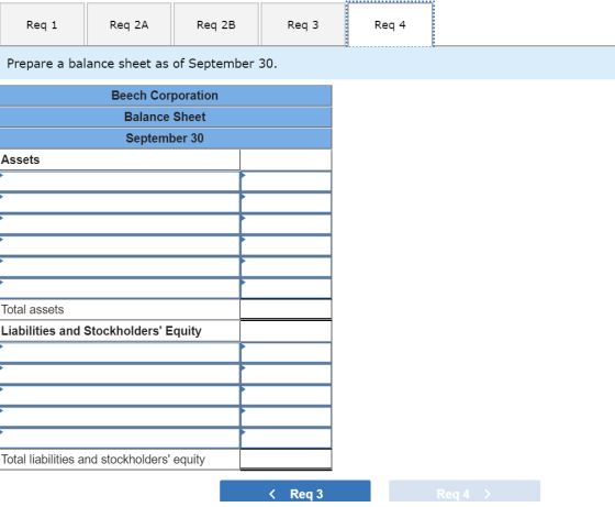 Req 1 Reg 2A Req 2B Req 3 Req 4 Prepare a balance sheet as of September 30. Beech Corporation Balance Sheet September 30 Asse