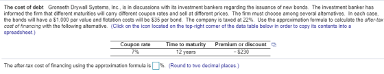 The cost of debt Gronseth Drywall Systems, Inc., is in discussions with its investment bankers regarding the issuance of new