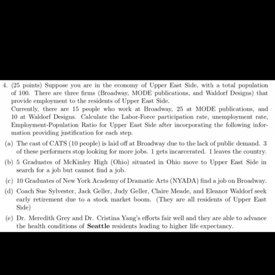 4. (25 points) Suppose you are in the economy of Upper East Side, with a total population of 100. There are three firms (Broa