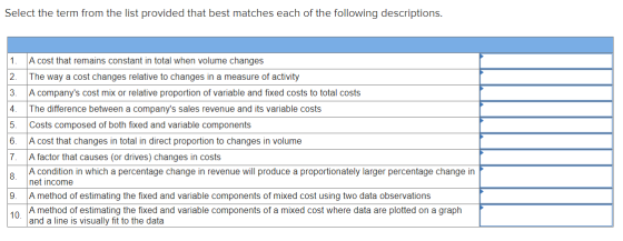 Select the term from the list provided that best matches each of the following descriptions. 1. 2. 3 4. 5. 6. A cost that rem