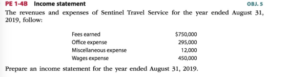 PE 1-4B Income statement OBJ. 5 The revenues and expenses of Sentinel Travel Service for the year ended August 31, 2019, foll