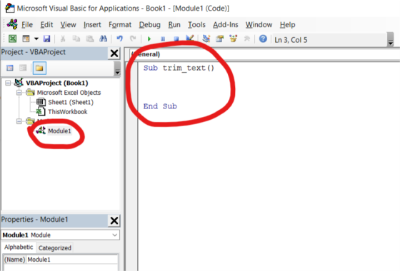 Microsoft Visual Basic for Applications - Book1 - [Module 1 (Code)] Eile Edit View Insert Format Debug Run Tools Add-ins Wind