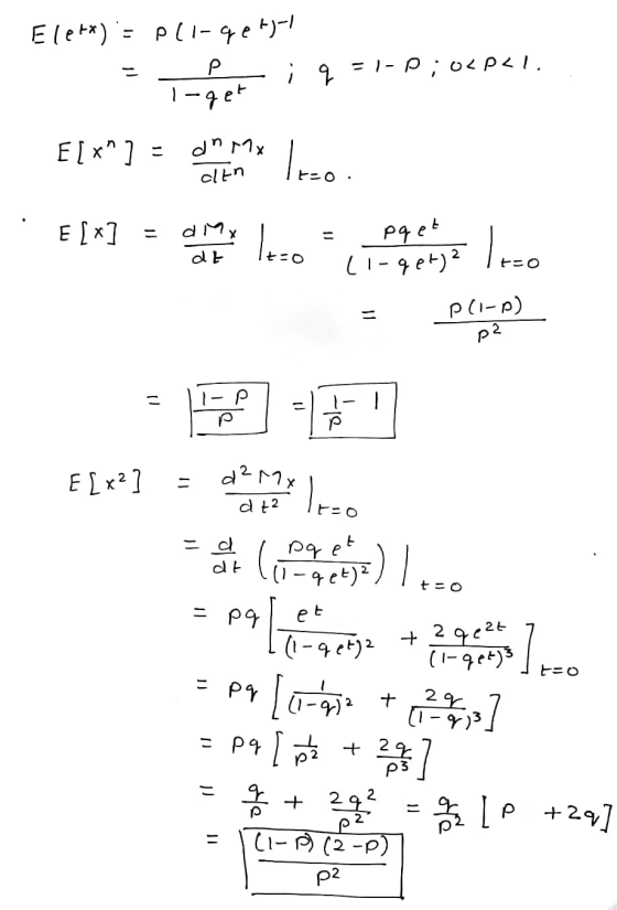 Elett) = All-gets-/ Р i q = 1-p;op<l. l-get E[x]= dn Mx lo ctn E [x] - dMx dt It-o pqet (I-get)? Tree p(1-0) p2 u -P p ola E