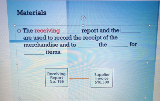 Materials o The receiving_ _report and the are used to record the receipt of the merchandise and to the items. IO Receiving R