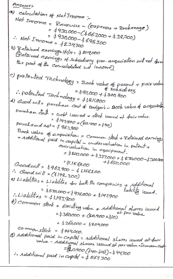 urchase Cost & Badgers - Book value of acquisita Answer: B) calculation of Net Income : - Net Income = Revenue (Expenses + Br