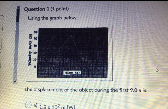 Question 1 (1 point) Using the graph below, 50 ta (7) TOOTA 10 Tine (0) the displacement of the object during the first 9.0 s