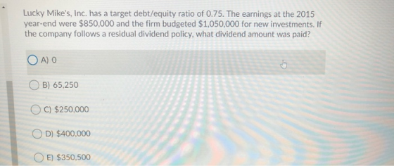 Lucky Mikes, Inc. has a target debt/equity ratio of 0.75. The earnings at the 2015 year-end were $850,000 and the firm budge