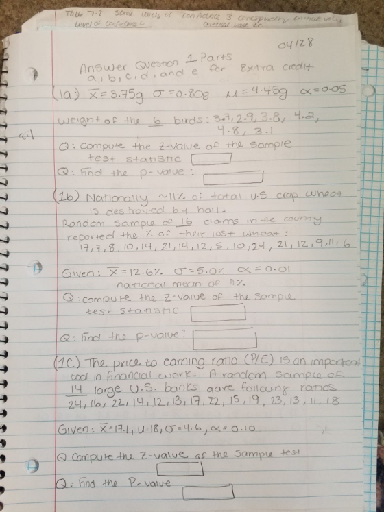 o4/28 Answer Gueston 오 Parts a bic d and e fr Ex tra credit G: Compute the 2-Value of the Sampie 5 dies hroyed by hoL Random