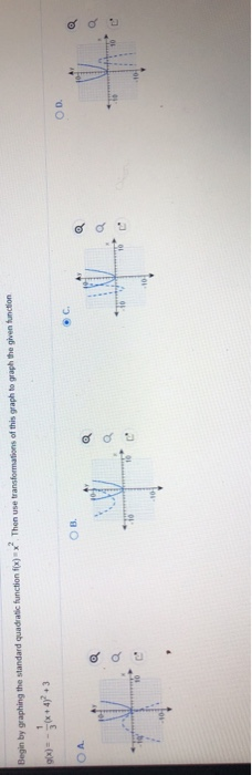 Begin by graphing the standard quadratic function f(x)=x? Then use transformations of this graph to graph the given function