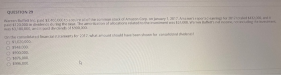 QUESTION 29 Warren Buffett Inc. paid $2,400,000 to acquire all of the common stock of Amazon Corp. on January 1, 2017. Amazon