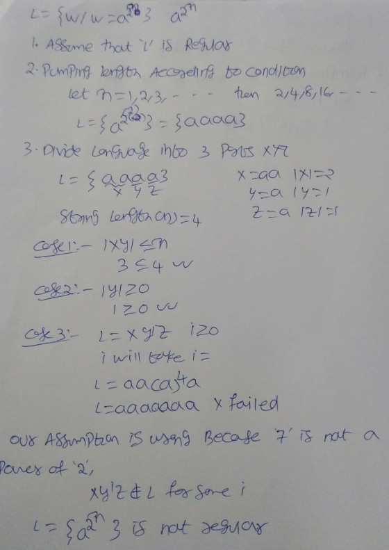 L = {w/w aan 1. Assome that t is Regular 2- Pumping lengon accogling to condioon on let n=1,2,3,- . then 2,418,16. - - - L={