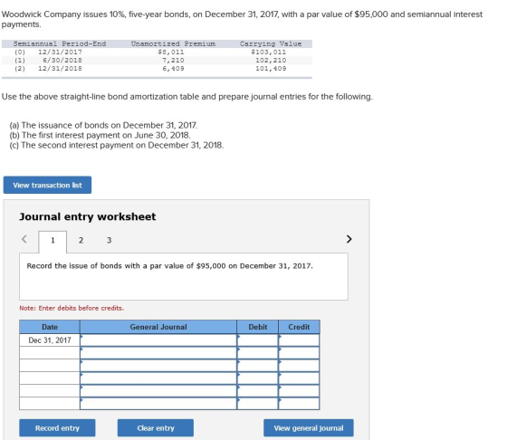 Woodwick Company issues 10%, five-year bonds, on December 31, 2017, with a par value of $95,000 and semiannual interest payme