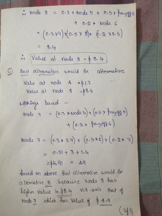 i Node 8 - 0.3 x Node 5 + 0.5 x pay off! + 0.2 * Node 6 - (0.349) (0.5*8)+ 6.2 x 8.6) 0 00 8.4 Value at node 8 = $8. 4 C Best