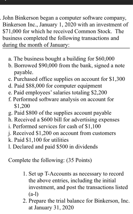 - John Binkerson began a computer software company, Binkerson Inc., January 1, 2020 with an investment of $71,000 for which h