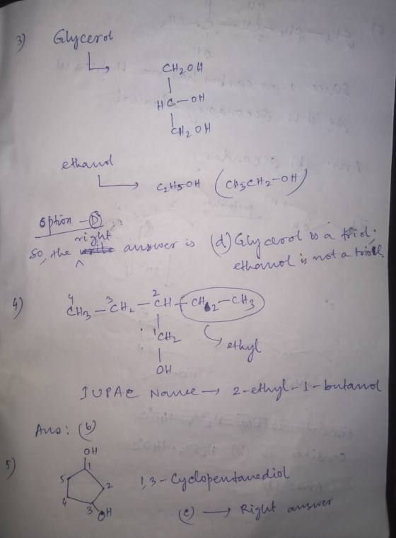 3 Glycerol h CH₂OH des HC-oh CH₂OH ethand C₂H5OH CH₃CH2-OH) option - right answer is So the write aerol is a trioli ethanol i