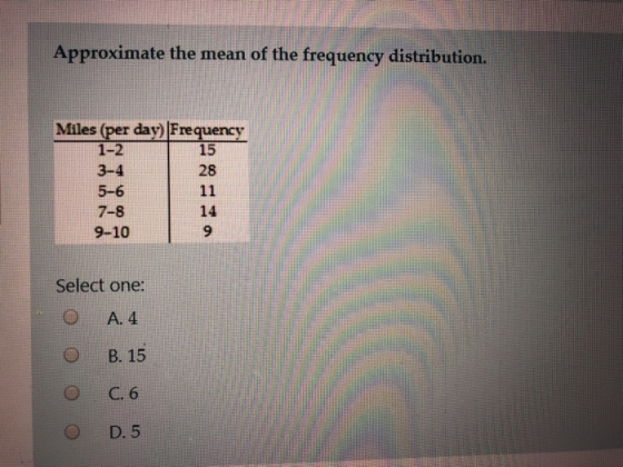 Approximate the mean of the frequency distribution. Miles (per day) Frequency 15 28 1-2 3-4 5-6 7-8 9-10 14 9 Select one: A. 4 O B. 15 O D.5