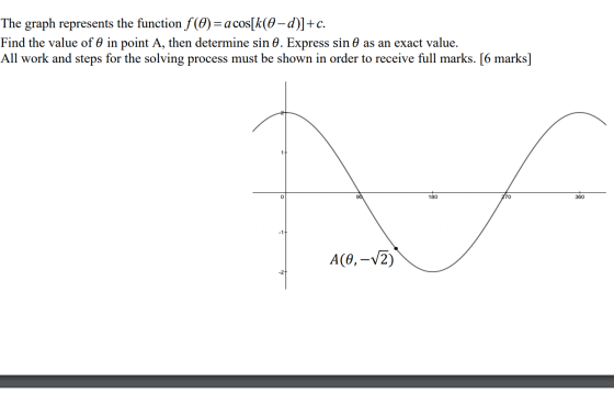 The graph represents the function f(0) =a cos[k(0-d)]+C. Find the value of 0 in point A, then determine sin 8. Express sin 0
