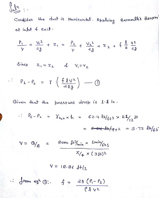 Congider the duct is Horizontal. Applying Bernoulls theorem at inlet & exiti PL + V2 + 2,= Pz + Vz? +22+f alo 23 ile Since 2