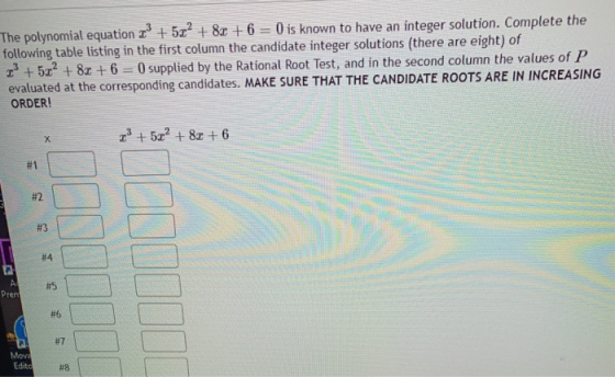 The polynomial equation 2+ 52? + 8x + 6 = 0 is known to have an integer solution. Complete the following table listing in the