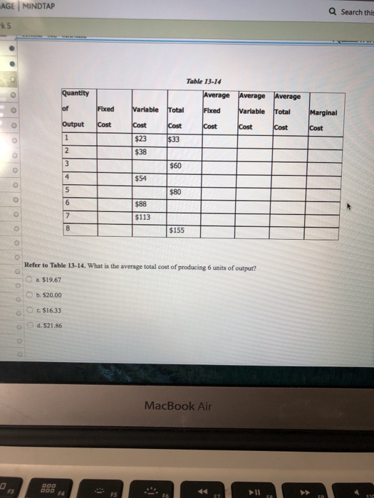 AGE MINDTAP Q Search thi 45 Table 13-14 Quantity Fixed Average Total Average Fixed Cost Average Variable Cost Variable Cost $