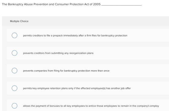 The Bankruptcy Abuse Prevention and Consumer Protection Act of 2005. Multiple Choice permits creditors to file a prepack imme