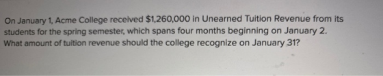 On January 1, Acme College received $1,260,000 in Unearned Tuition Revenue from its students for the spring semester, which s