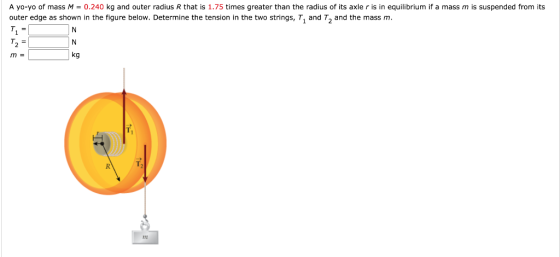 A yo-yo of mass M = 0.240 kg and outer radius R that is 1.75 times greater than the radius of its axle r is in equilibrium if