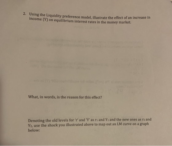 Using the Liquidity preference model, illustrate the effect of an increase in income (Y) on equilibrium interest rates in the