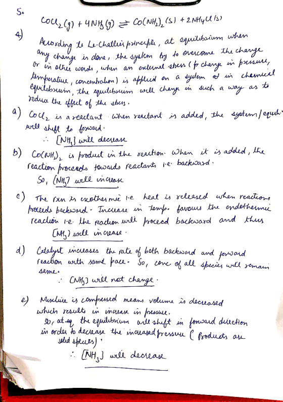 temperature, con Cou249) + 4N15 (9) = CO(NH4), (S) + 2NHy Uls) Alwording to Le-Challies principle, at equilibrium when my cha
