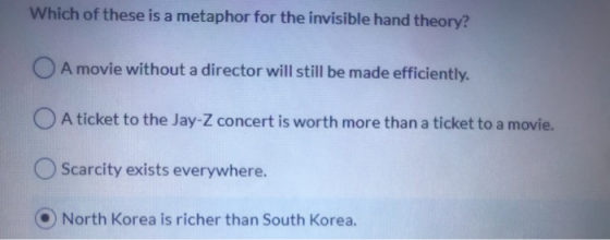 Which of these is a metaphor for the invisible hand theory? O A movie without a director will still be made efficiently. A ti