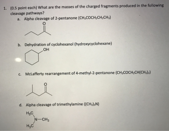 1. (0.5 point each) What are the masses of the charged fragments produced in the following cleavage pathways? a. Alpha cleava