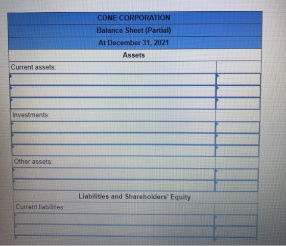 CONE CORPORATION Balance Sheet (Partial) At December 31, 2021 Assets Current assets: Investments: Other assets Liabilities an