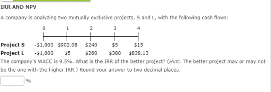 IRR AND NPV A company is analyzing two mutually exclusive projects, S and L, with the following cash flows: 1 2 Project S - $