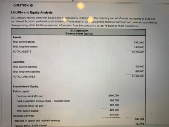 QUESTION 15 Liability and Equity Analysis Lill Company started 20Y6 with $2,300,000 in total assets. During 2/6 the company e