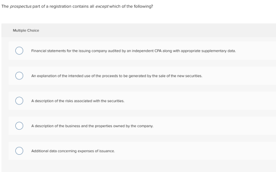 The prospectus part of a registration contains all except which of the following? Multiple Choice Financial statements for th