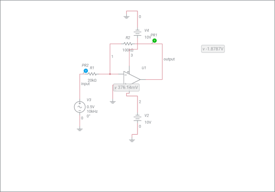 0 V4 R2) 70 PRT V -1.8787V] 100k 3 1 output PR2 R1 U1 20ko input v 376.14my V3 2. 0.5V 10kHz 0 V2 0 10V 0