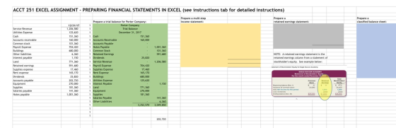 ACCT 251 EXCEL ASSIGNMENT - PREPARING FINANCIAL STATEMENTS IN EXCEL (see instructions tab for detailed instructions) Prepare