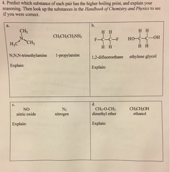 4. Predict which substance of each pair has the higher boiling point, and explain your reasoning. Then look up the substances in the Handbook of Chemistry and Physics to see if you were correct. H H CH CH3CH2CH2NH2 F-C-C-F CH H H N,NN-trimethylamine 1-propylamine 1,2 -difluoroethane ethylene glycol Explain: Explain: CH3CH2OH CH3-O-CH3 NO ethanol dimethyl ether nitric oxide nitrogen Explain: Explain: