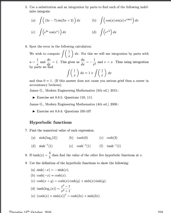 5. Use a substitution and an integration by parts to find each of the following indef- inite integrals: (b) | (cos(a) sin(a)