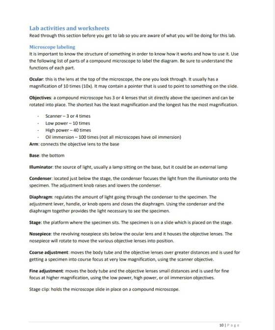 Lab activities and worksheets Read through this section before you get to lab so you are aware of what you will be doing for