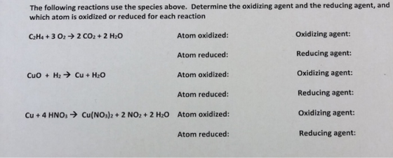 The following reactions use the species above. Determine the oxidizing agent and the reducing agent, and which atom is oxidiz