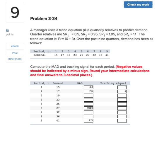 Check my work Problem 3-34 points A manager uses a trend equation plus quarterly relatives to predict demand. Quarter relativ