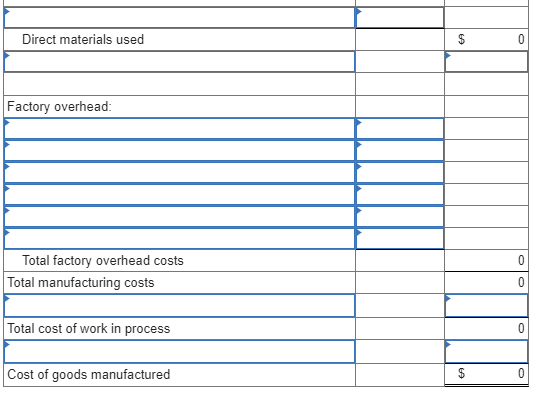 Direct materials used Factory overhead: Total factory overhead costs Total manufacturing costs Total cost of work in process